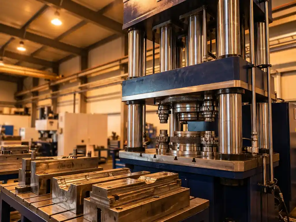 Massive industrial hydraulic press machine with gleaming steel cylinders and precision components on clean factory floor