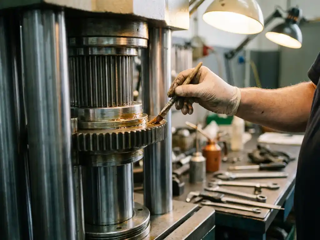 Technician applying lubricant to steel gears and pistons of industrial mechanical press with maintenance tools on workbench