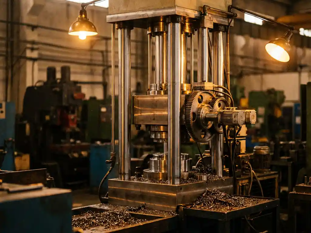 Massive industrial mechanical press with steel frame and hydraulic cylinders on factory floor, metal shavings scattered at base