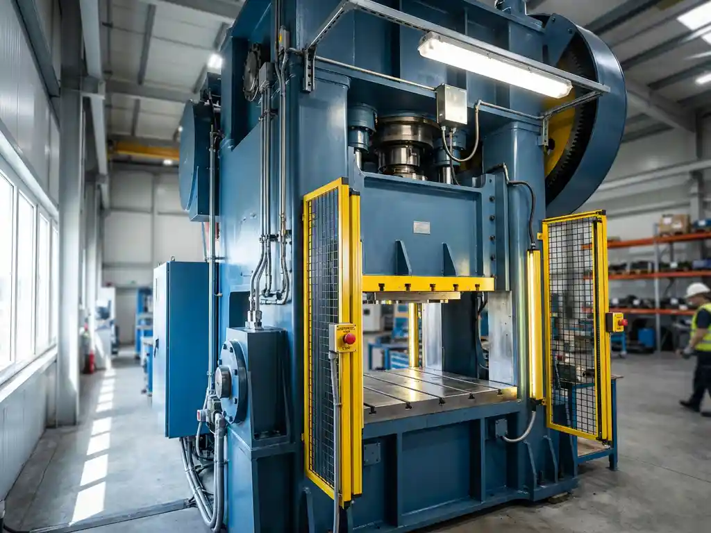 Industrial mechanical press with steel safety guards, yellow emergency stop buttons, and light curtain barriers in manufacturing facility