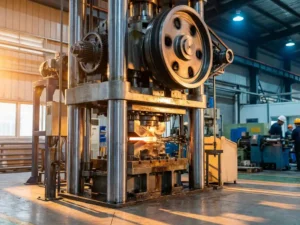 Massive industrial mechanical press with steel frame forming metal workpiece between dies on factory floor
