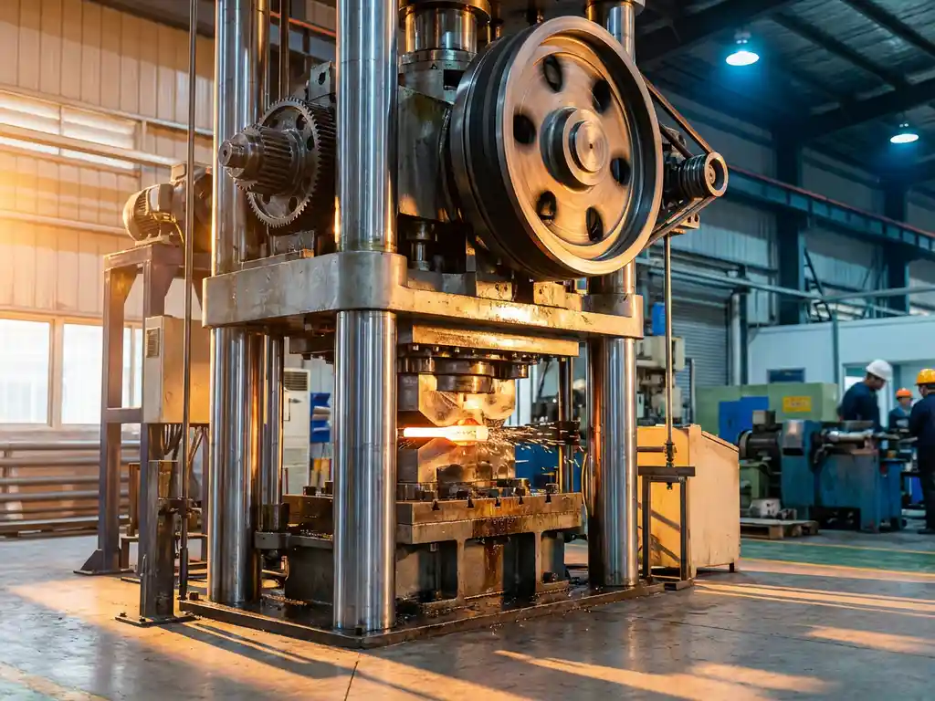 Massive industrial mechanical press with steel frame forming metal workpiece between dies on factory floor