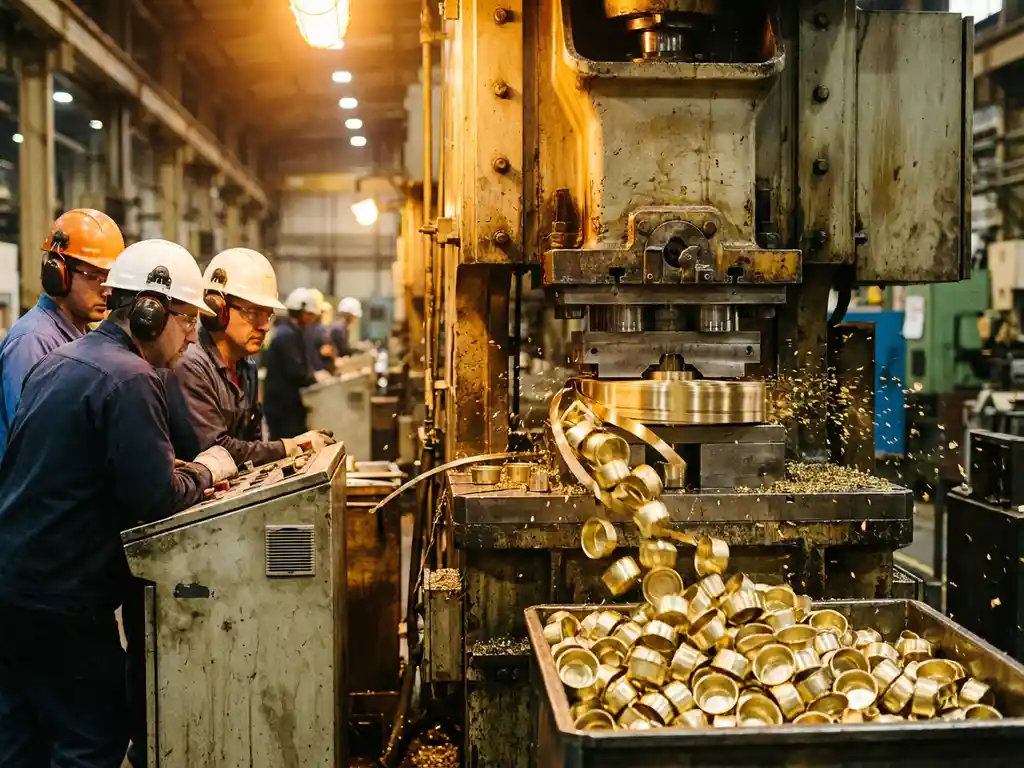 Industrial press machine stamping metal cups on factory floor with workers in safety gear monitoring production under warm lighting.