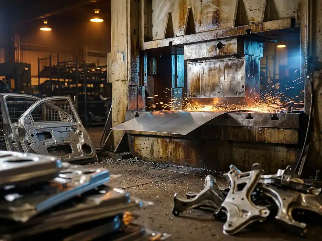 Industrial press stamping metal sheets into automotive parts with sparks flying, finished car door panels and engine brackets scattered on factory floor.