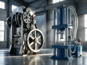 Mechanical press with steel gears beside hydraulic press in industrial facility with dramatic lighting and polished floors