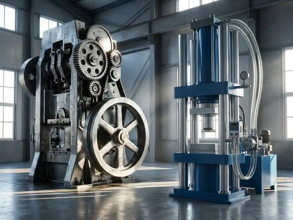 Mechanical press with steel gears beside hydraulic press in industrial facility with dramatic lighting and polished floors