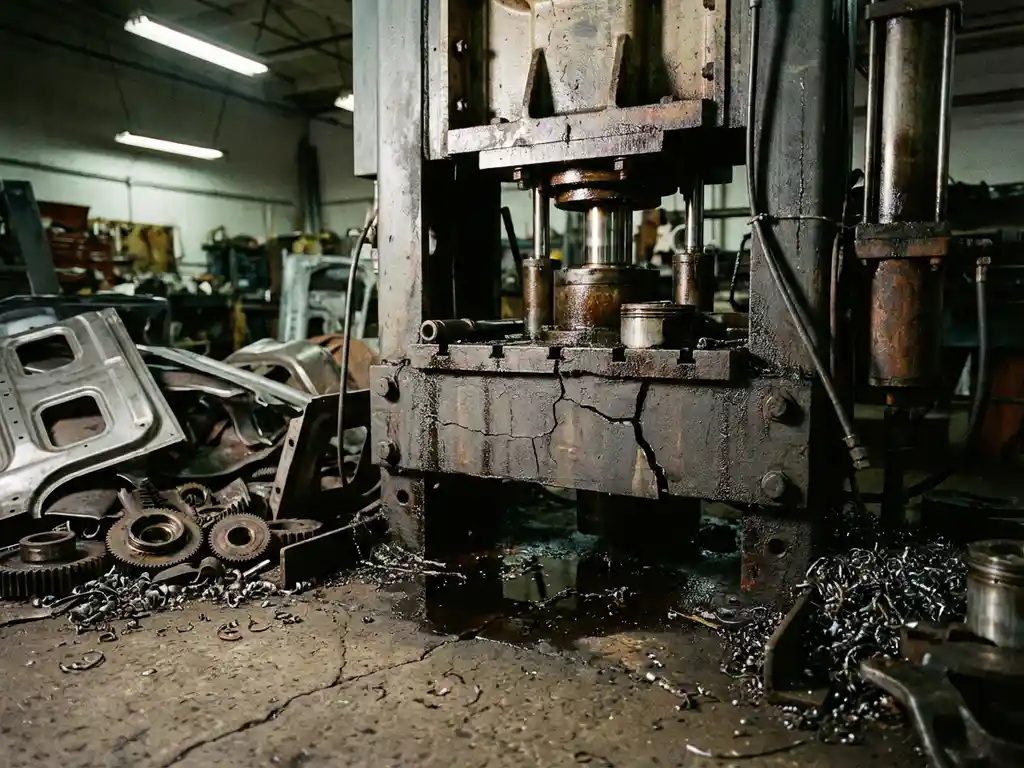 Worn mechanical press with stress fractures in steel frame, hydraulic oil pooling beneath, metal shavings and automotive parts scattered on factory floor.